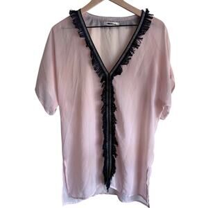 Miken Swim‎ Cover Up Pink Fringe Sheer Lightweight Embroidered Tropical Romantic